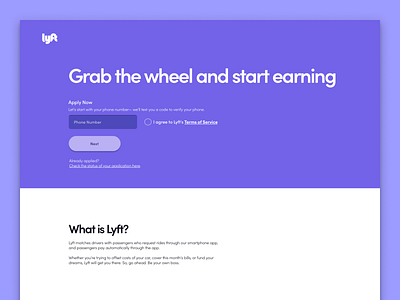 Lyft Driver Web Sign Up Landing Page "Grab the wheel" Experiment button changes conversion dog drive driver experiment landing lyft next optimization purple rideshare sign up test title toggle variant web website