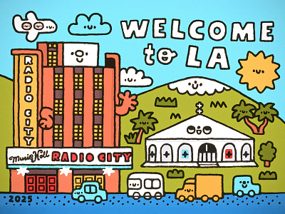 Welcome to LA building cars cartoon cute design doodle fly fun funny illustration japanese kawaii la los angeles music hall ny postcard radio city sun usa