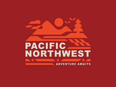 Pacific Northwest - Adventure Awaits adventure badge design hat patch illustration northwest oregon outdoor graphics pacific northwest patch pnw shirt graphic sun tree washington