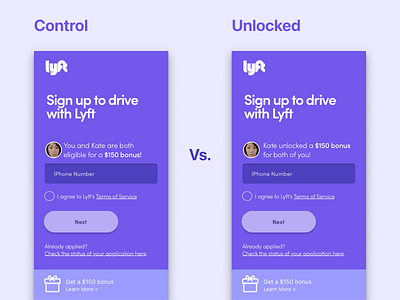 Lyft Driver Web Referral Landing Page "Unlocked" Experiment aquisition copy dog drive driver experiment growth landing lyft refer referee referral sign up test text unlock unlocked vux web website