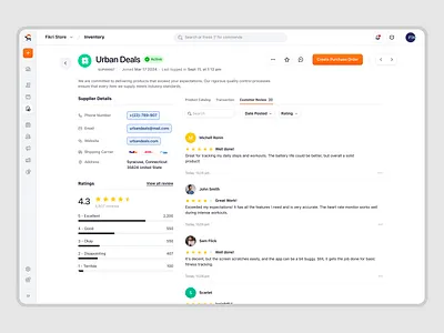 Ecomiq - Supplier Details & User Reviews in SaaS E-Commerce crm customer support dashboard data visualization e commerce ecommerce dashboard online store order management product design saas saas design supplier details supplier profile ui user reviews ux web builder web design