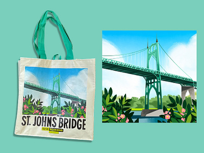 New Seasons Market Tote Bag Illustration bridge clouds graphic design hand lettering illustration landscape nature oregon pacific northwest portland sky st.johns bridge tote bag typography