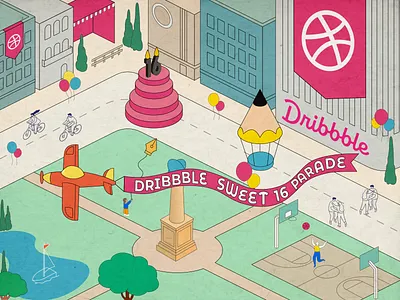 Dribbble Sweet 16 Parade illustration isometric vector