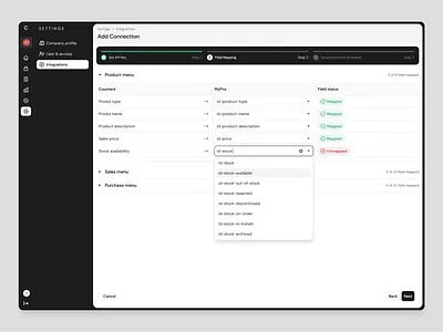 Field Mapping UI – Integration Step for SaaS Platforms api api mapping dashboard erp integrations field mapping integration inventory management logic based ui saas saas design saas ui software integration sync synchronization uiux web design