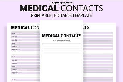 Medical Contacts List Template, Healthcare Contacts reminder