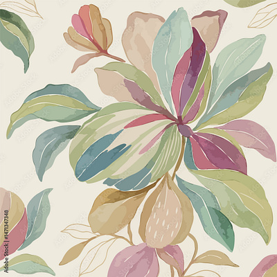 Seamless pattern of large, stylized tropical flowers & leaves earthy tone flowers