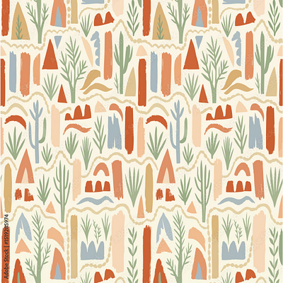 Seamless pattern abstract desert landscape with stylized cacti digital paper abstract