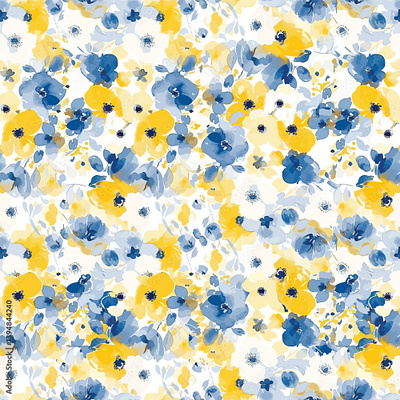 Delicate watercolor floral pattern in shades of blue and yellow cheerful floral pattern