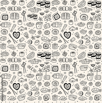 Hand-drawn sushi and Japanese food doodle pattern. Seamless fun food illustration