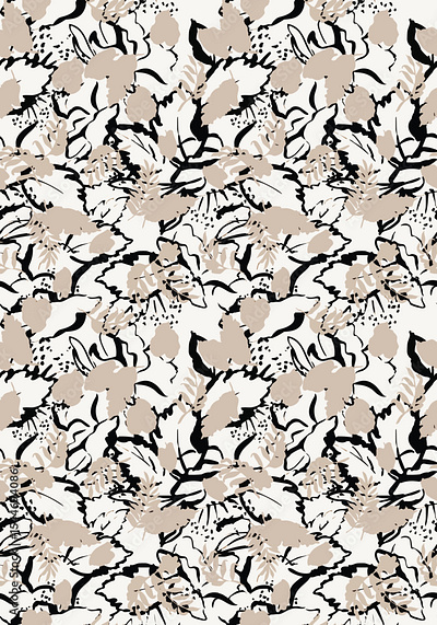 Seamless abstract floral pattern. Layered design with black brushstroke organic motif