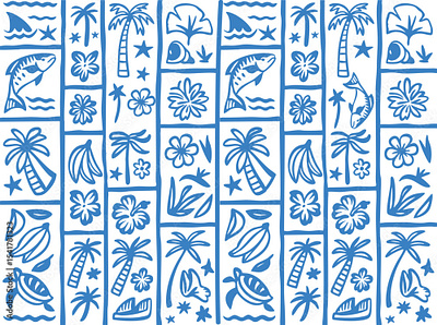 Seamless pattern: grid of blue & white tropical block print icon coastal living design