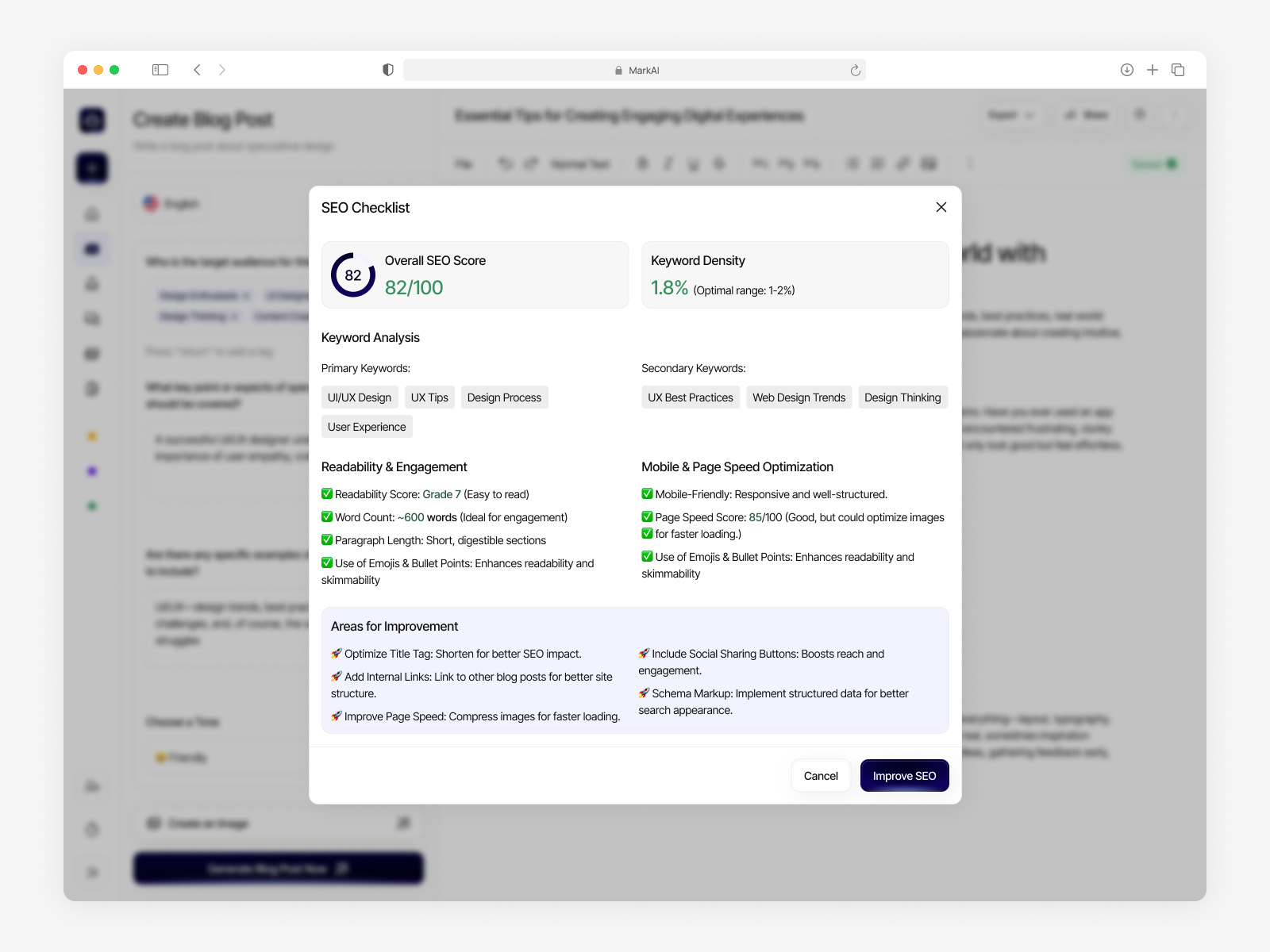 MarkAI - Generative AI Web App(SEO Checklist & Version History) ai ai agent ai assistant ai copywriting tool ai dashboard ai for social media ai image generator ai seo artificial intelligent blog generator campaign manager chatbot ui dashboard generative ai marketing saas seo optimization social media automation ui ux web app