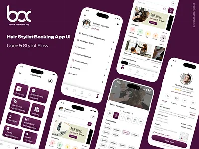 BOC - Hair Stylist Booking App UI (User & Stylist) booking app ui braids on call grooming app hair salon app hair salon booking app hair stylist app hair stylist booking app salon app salon app user interface salon booking app stylist booking app thekamraan ui design ui ux