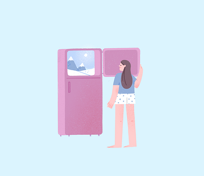 Freezer character cold freeze fridge girl illustration landscape metaphor mountains pajamas procreate refrigerator snow texture winter