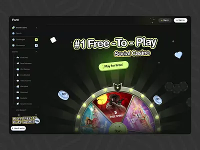 Punt - Social Casino Web Design bet betting casino casino design casino landing page casino site crypto crypto casino gambling gambling design gambling landing page jackpot lottery online casino design poker slots staking