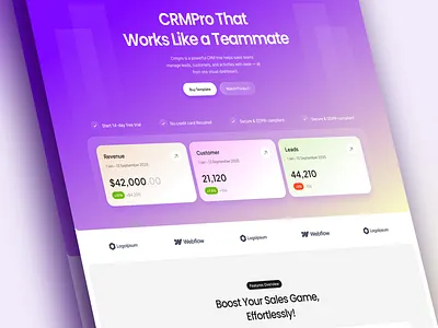 🚀 CRMPro – SaaS CRM Hero UI for Sales Teams crm dashboard figma framer herosection saas ui uidesign uxdesign webdesign webflow