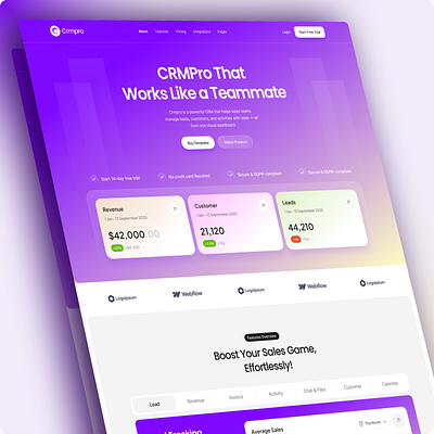 🚀 CRMPro – SaaS CRM Hero UI for Sales Teams crm dashboard figma framer herosection saas ui uidesign uxdesign webdesign webflow