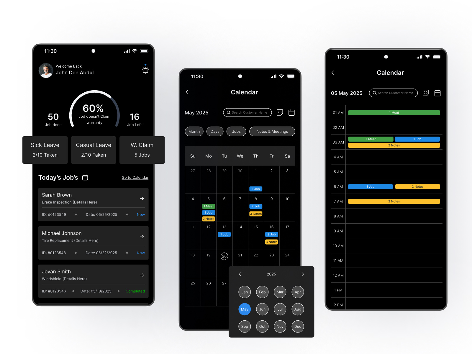 Technician Mobile App – Garage Management SaaS calender dark mobile app dark ui garage management home page mobile app mobile app dashboard mobile app ui design modern ui profile saas technician mobile app ui ui ux