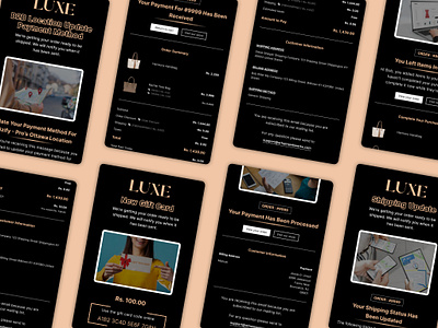 LUXE Shopify Email Template Design adobe xd black theme branding conversion optimised customer emails dark ecommerce emails email template figma graphic design luxuryecommerce online store shopify ui