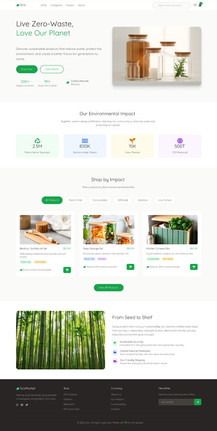 Zero-Waste Lifestyle Marketplace climate conscious earthy colors eco ecommerce eco friendly eco products eco ui green marketplace minimalist design natural textures nature inspired organic ui recyclable packaging shopify design sustainability ux sustainable design zero waste