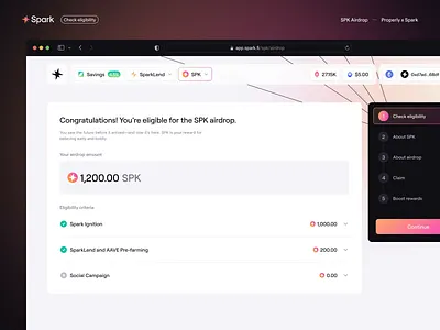 Spark: SPK Airdrop Flow airdrop blockchain borrowing clean crypto dahsboard defi design flow gradient lending minimal mobile properly savings stablecoins token ui ux web3