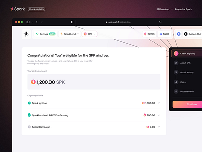 Spark: SPK Airdrop Flow airdrop blockchain borrowing clean crypto dahsboard defi design flow gradient lending minimal mobile properly savings stablecoins token ui ux web3