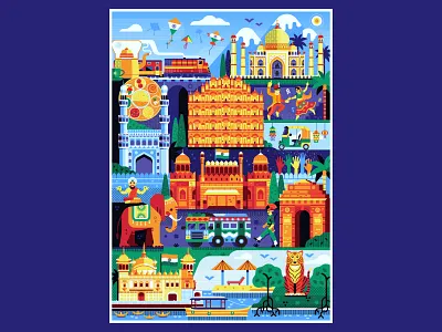India Travel Poster asian bharat chennai cityscape deli flat design hyderabad illustration india jaipur landmarks monuments mumbai poster print travel vector