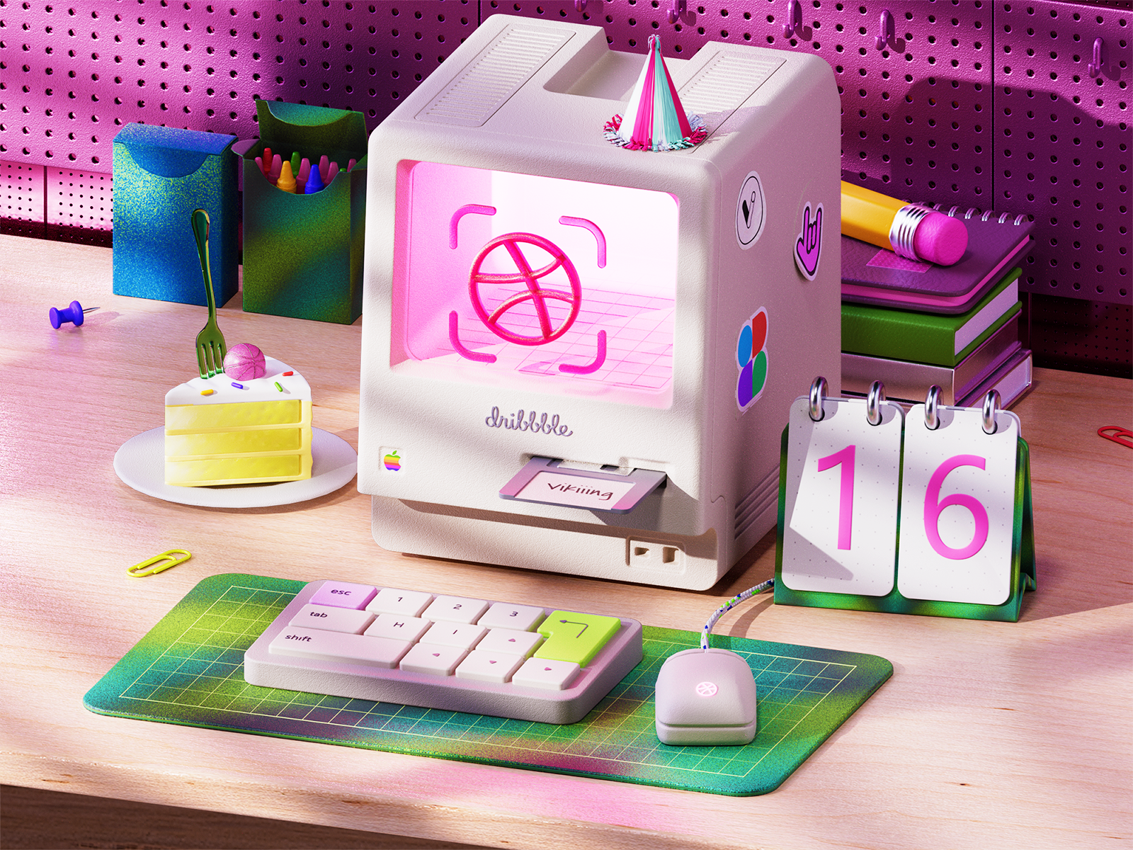 Happy 16th, Dribbble !!! 🎉🎂 3d dribbble illustration landing page mac vintage workspace