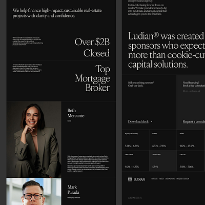 Website design - About page for real-estate capital advisory about advisory consulting dark elegant headshot night photo real estate serif web design website