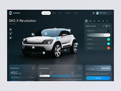 Scendro • Car Configurator bar blue car card characteristic color configurator dark design figma graphic modern nav platform price saas simple ui ux web