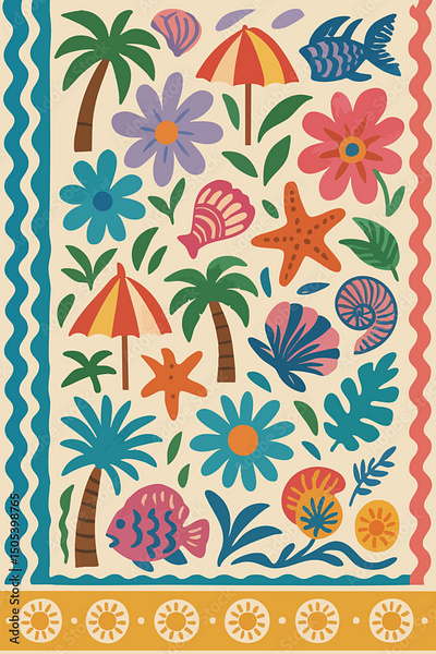 Seamless Otomi style pattern with colorful folk art animals cut out style illustration