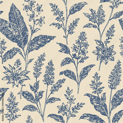 Seamless pattern with hand-drawn vintage botanical illustration decorative foliage