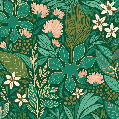 Seamless tropical jungle pattern with diverse leaves, exotic wildflower tropical