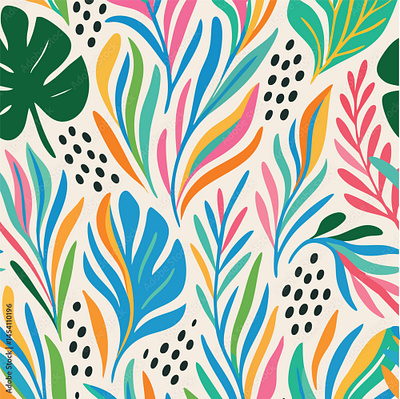 Vibrant seamless pattern featuring stylized leaves and abstract lively botanical design