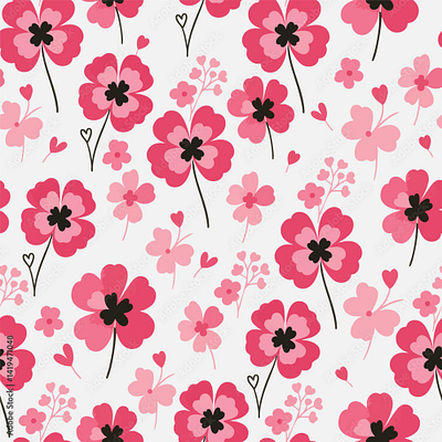 A sweet, seamless pattern with pink flowers and scattered hearts simple flower illustration