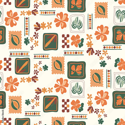Retro-inspired pattern with a modern twist. Vibrant florals artistic block print