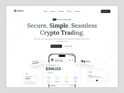 Vaultro – Minimalist Crypto Exchange UI clean ui crypto herso section finance app fintech hero section homepage landing page landing page design minimal ui next gen landing page trading app wallet app web design