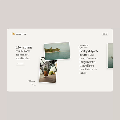 Memory Lane — Landingpage desktop v1 album animation branding design landingpage photo pictures social story tavel timeline ui website