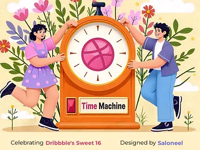 Dribbble Time Machine. A Sweet 16 Tribute 2025 2d animation celebration character animation dribbble dribbble anniversary dribbble playoff graphic design illustration motion graphics playoff sweet 16 warm up web animation