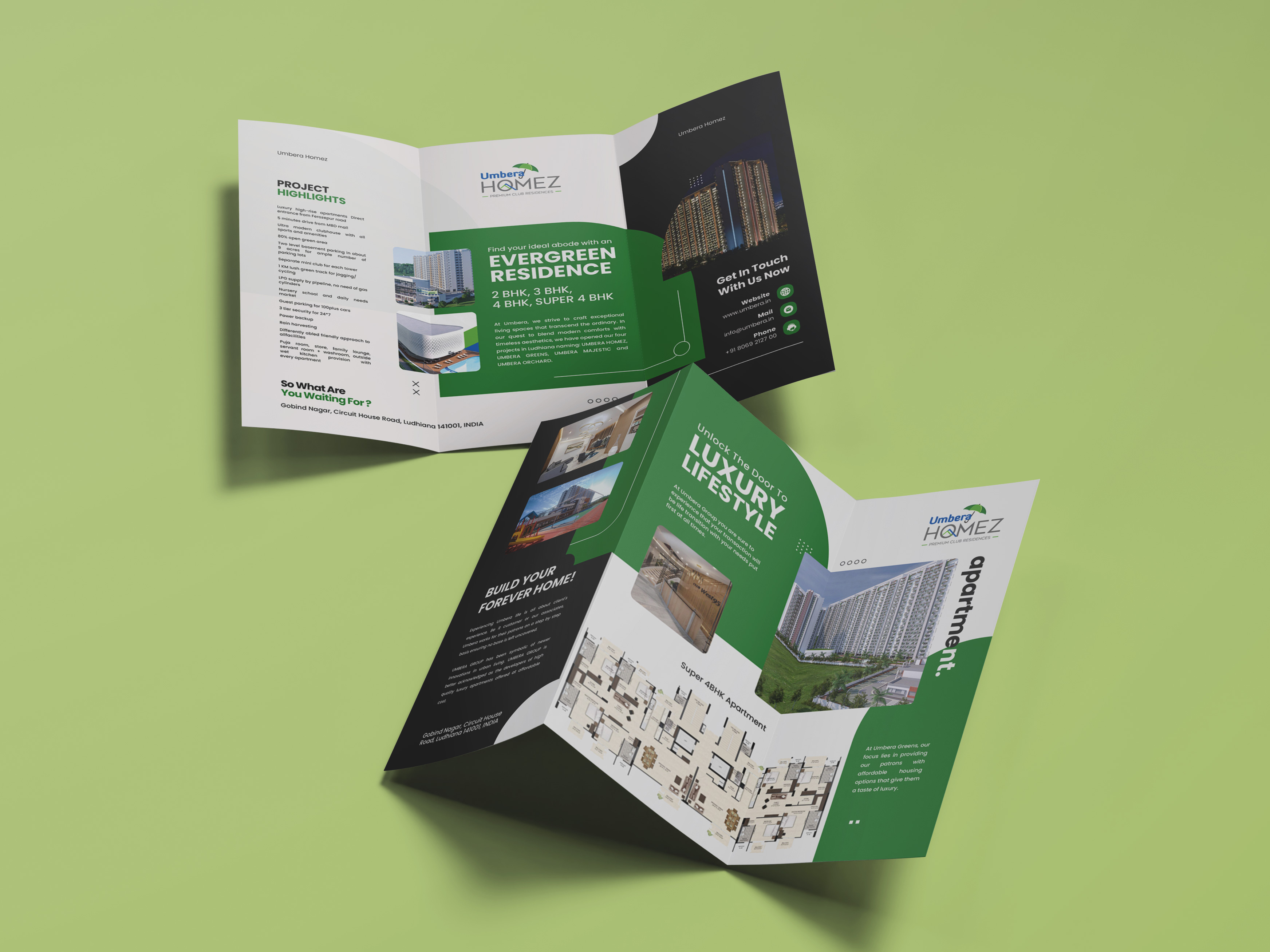 Umbera Homez Trifold Design brochure editorial design exterior flat homes indesign magazine modern print design real estate trifold