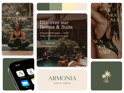 Branding identity - Armonia Boutique Hostel app icon branding branding identity colors costa rica elegant design graphic design hostel hotel illustration logo logotype palms palmtrees retreat typography ui vector