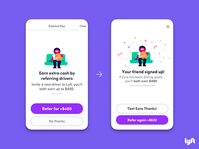 Lyft Driver iOS Express Pay Referral Prompt to Success Prompt animation car celebration drive driver earn illustration ios iphone link lyft mobile pay prompt refer referee referral ui ux word of mouth