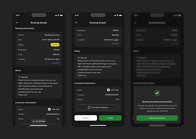 Service Provider App Booking Flow - Dark Mode app mobile app mobile design product designer service service provider ui uiux ux