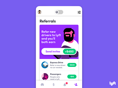 Lyft Driver iOS Referrals Tab Redesign app bonus dog driver earn growth illustration ios iphone lpl lyft mobile redesign refer referee referral rideshare tab ui ux