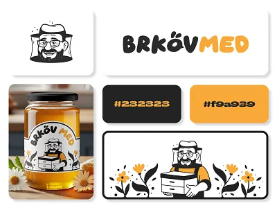Brkov Med Logo bee beekeeper branding cap cartoon food fun graphic design honey icon identity illustration logo man mark playful retro symbol vector