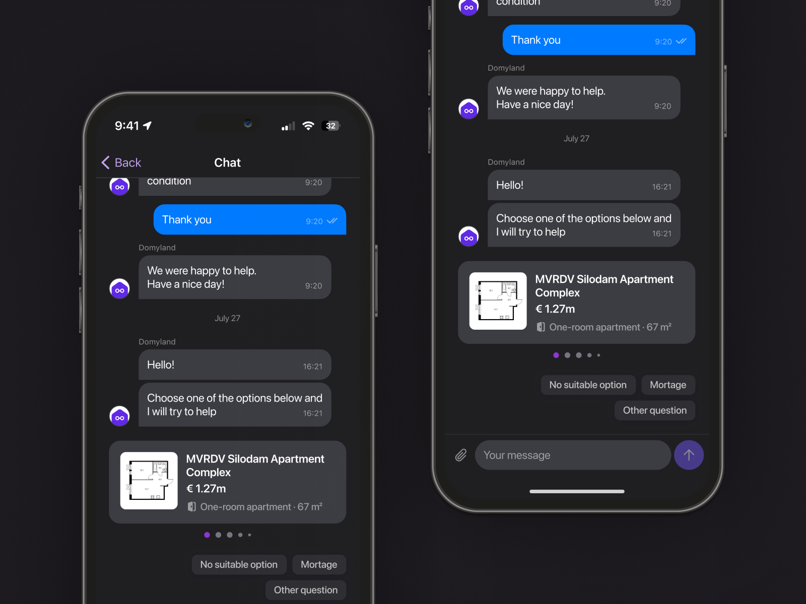 Real Estate Chat ✦ iOS Mobile App Screen app design chat dark mode ios minimal design proptech real estate real estate chat