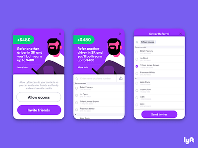 Lyft Driver iOS Referrals Tab Redesign Detail View app bonus contacts dog drive driver earn illustration ios iphone lyft mobile redesign refer referee referral rideshare share ui ux