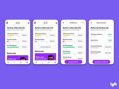 Lyft Driver iOS Referrals Tab Redesign - Active & History States active bonus dog drive driver earn history invite ios iphone lyft progress redesign refer referee referral remind retry status tab
