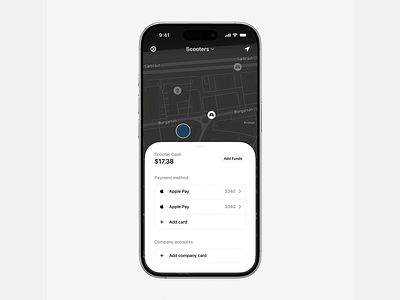 Scooter Rental Payment UI app app design application application design dark dark mode dark tone gps minimalist mobile mobile ui rental payment scooter payment ui ui design user interface ux ux design ux ui