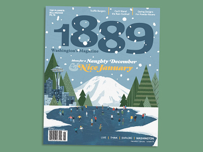 1889 Magazine Cover Illustration cityscape cover editorial graphic design ice skating illustration landscape magazine pacific northwest people seattle snow winter